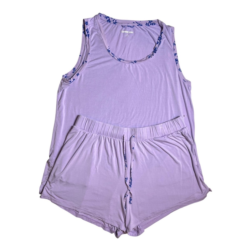 Lands' End Womens SZ L Pajama Set Tank Top And Shorts Lavender  Drawstring- 2018